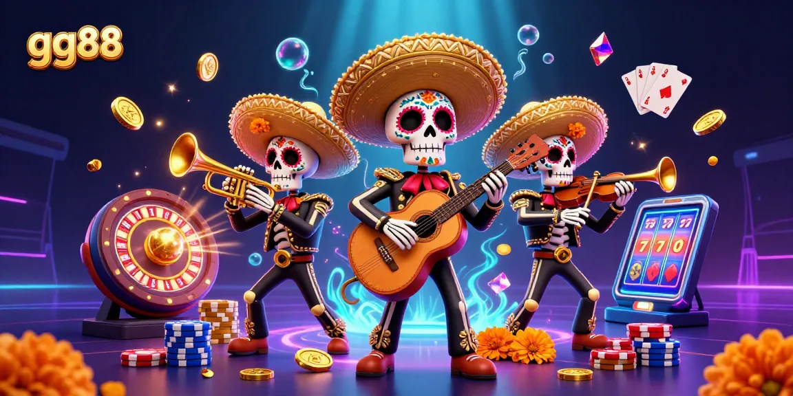 Experience the excitement of gg88 with a vibrant scene featuring a mariachi band, coins, and casino elements.