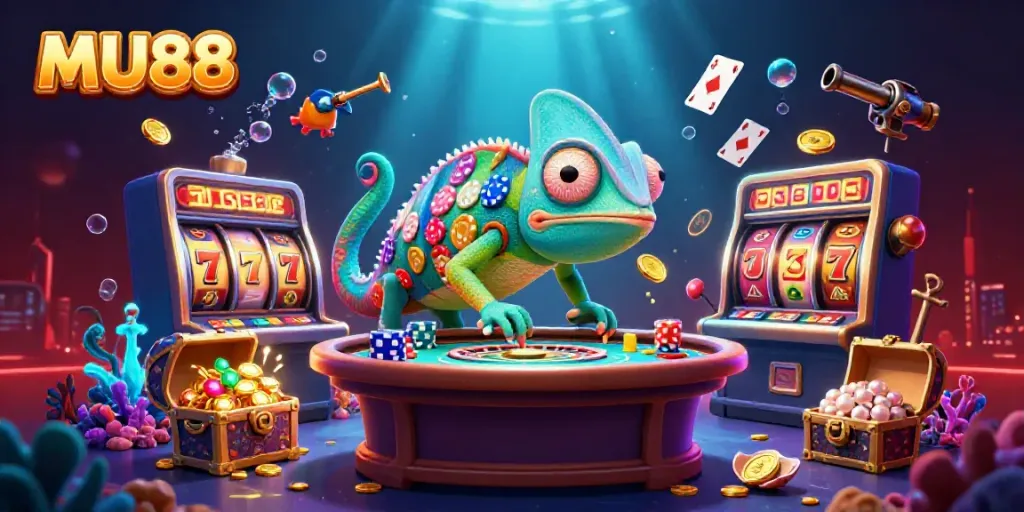 Engage with MU88's thrilling casino experience featuring an imaginative chameleon character.
