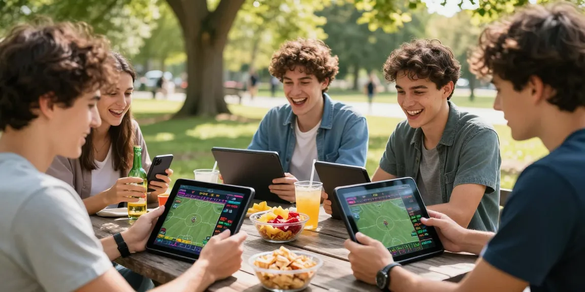 Zahraniční sázkové kanceláře v příjemném parku se sportovním sázením mezi přáteli na tabletech a telefonech.