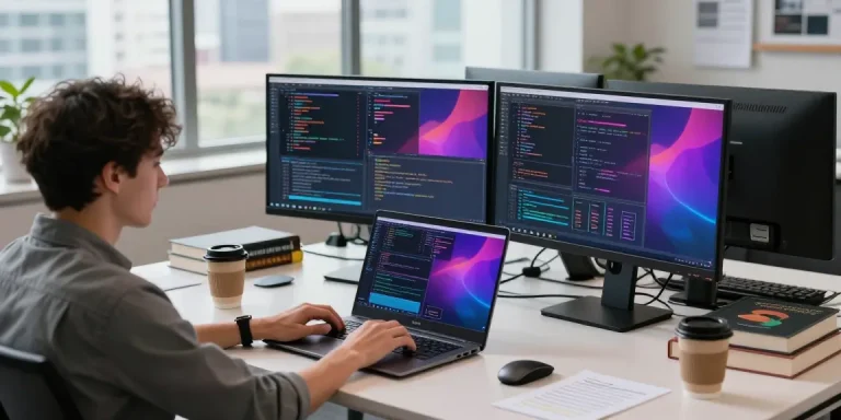 快连 software developer coding in a modern tech workspace with dual monitors and coffee.