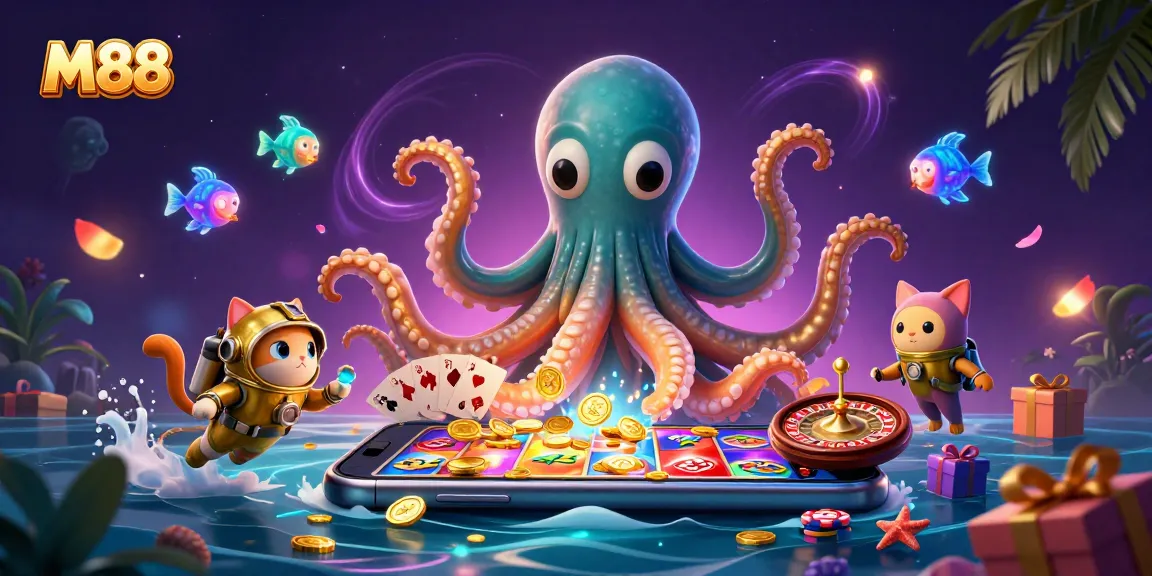 M88 offers thrilling gaming with a kraken and diving cat in a vibrant casino setting.