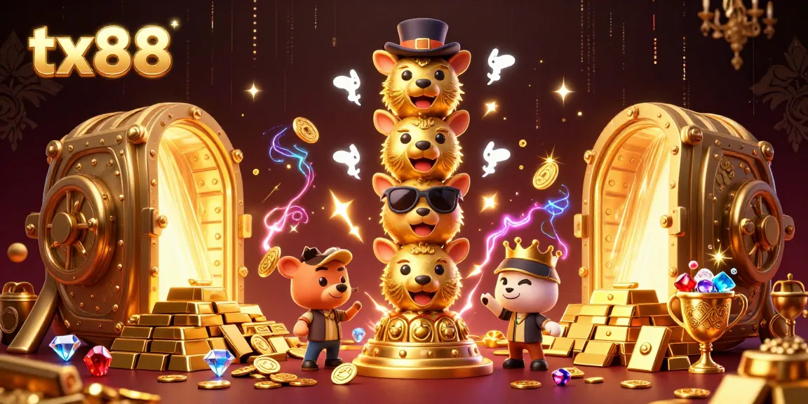 Experience the vibrant energy of tx88 with an exciting 3D casino illustration showcasing treasures and animated totem faces.