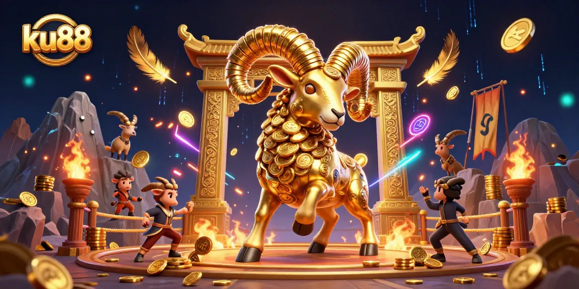ku88 showcases a vibrant 3D scene featuring a golden ram charging through a dynamic casino-themed fighting arena.